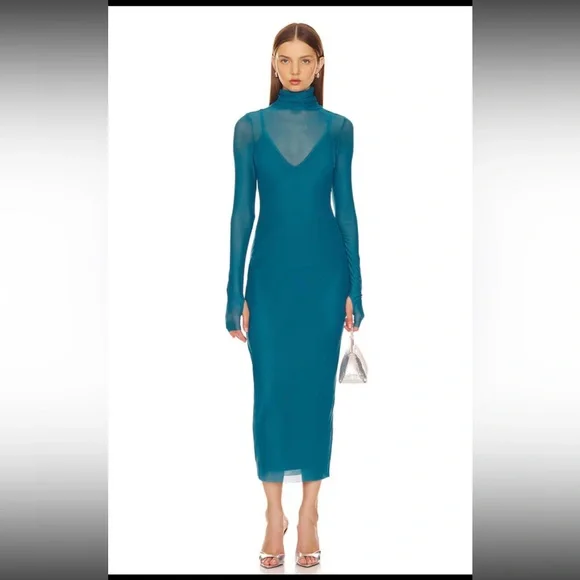 AFRM Blue Ribbed Long Sleeve Turtleneck Sheath Dress - Picture 2 of 5